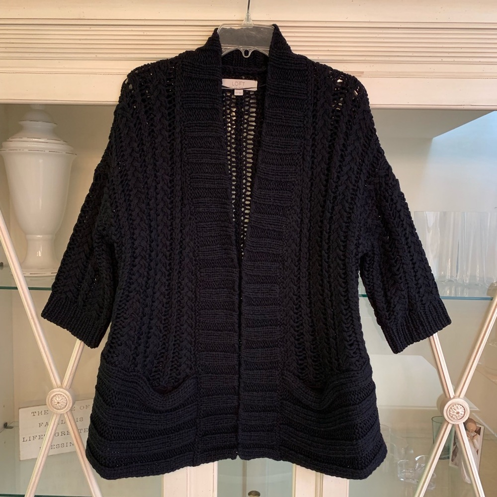 LOFT Cardigan Navy Blue Chunky Cable Knit